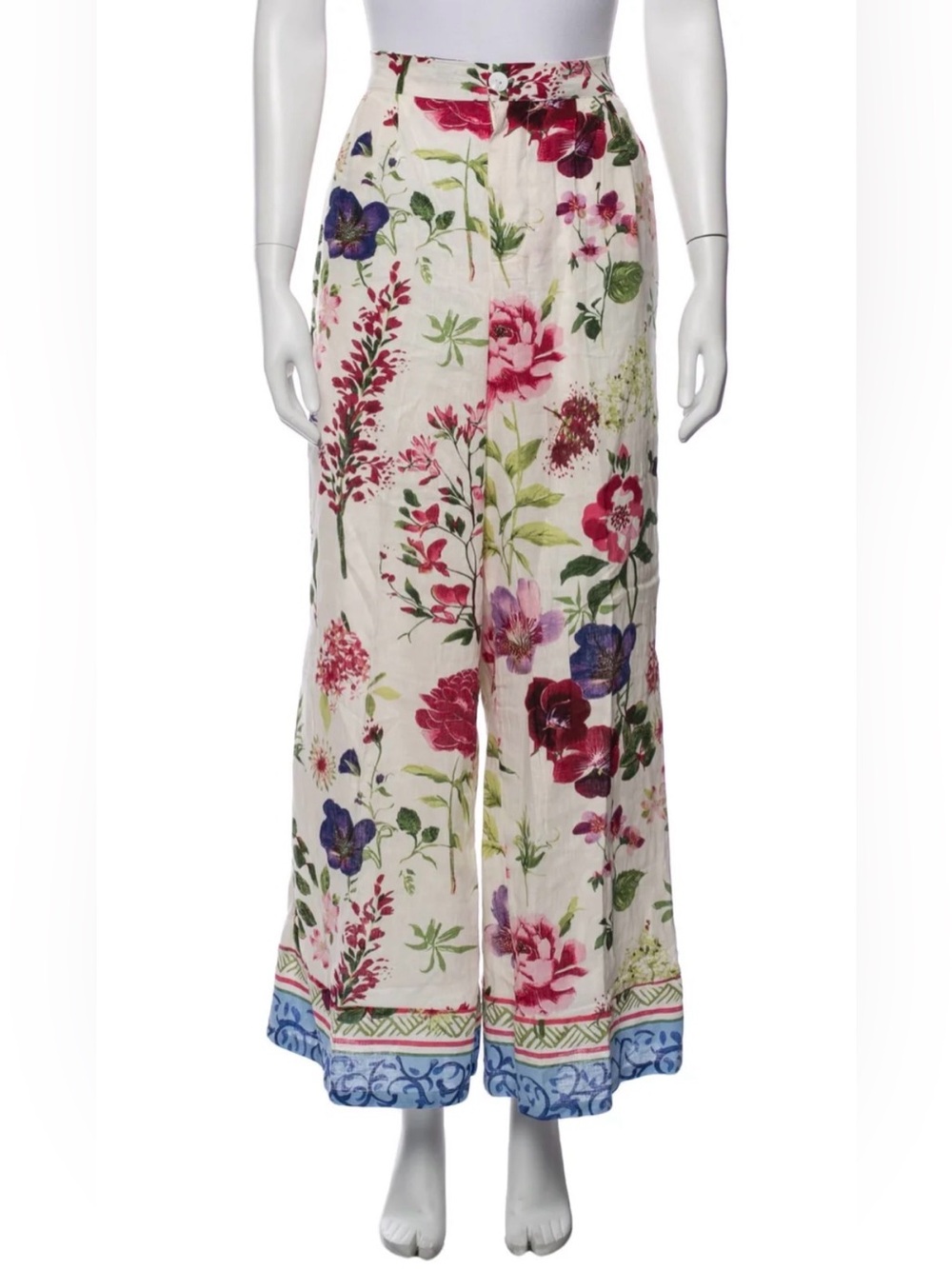 Christian Siriano Cream Wide-Leg Floral Linen Pants with Multicolor Print